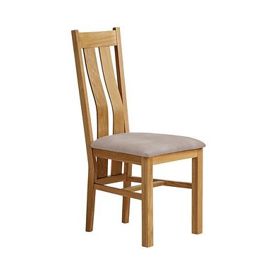 Arched Back Natural Solid Oak Chair with Dappled Beige Fabric Seat