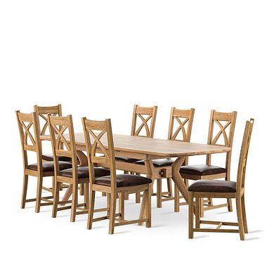 Bentley Natural Oak Extending Dining Table+ 8 Cross Back Chairs with Vintage Brown Seat Pads