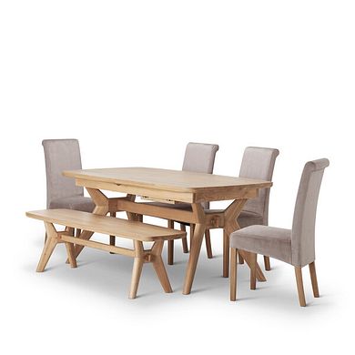 Bentley Natural Oak Extending Dining Table + 1 Bentley Bench and 4 Scroll Back Heritage Mink Chairs