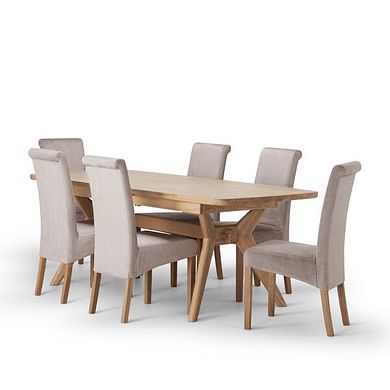 Bentley Natural Oak Extending Dining Table + 6 Scroll Back Chairs in Heritage Mink Velvet with Oak Legs