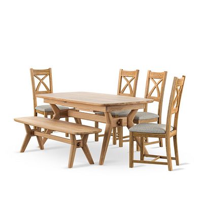 Bentley Natural Oak Extending Dining Table And 4 Cross Back Chairs with Plain Grey Fabric Seat pads and 1 Bentley Bench