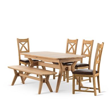 Bentley Natural Oak Extending Dining Table And 4 Cross Back Chairs with Vintage Brown Seat Pads and 1 Bentley Bench