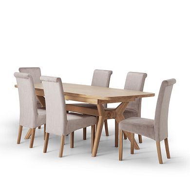 Bentley Natural Oak Extending Dining Table + 6 Scroll Back Chairs in Heritage Mink Velvet with Oak Legs