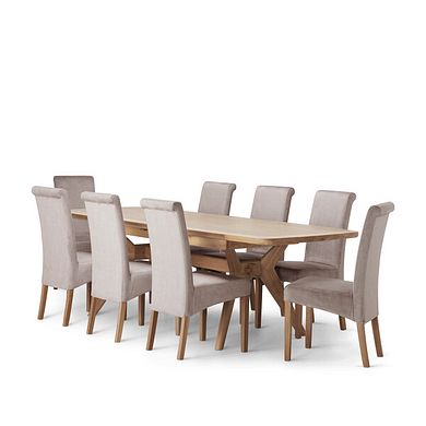 Bentley Natural Oak Extending Dining Table + 8 Scroll Back Chairs in Heritage Mink Velvet with Oak Legs