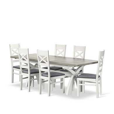 Brompton Painted Acacia and Ash Top Extending Dining Table + 6 Brompton Painted Acacia Dining Chairs with Dappled Silver Fabric Seat Pads