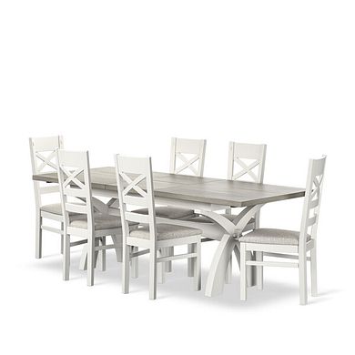 Brompton Painted Acacia and Ash Top Extending Dining Table + 6 Brompton Painted Acacia Dining Chairs with Plain Grey Fabric Seat Pads