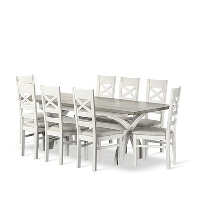 Brompton Painted Acacia and Ash Top Extending Dining Table + 8 Brompton Painted Acacia Dining Chairs with Plain Grey Fabric Seat Pads