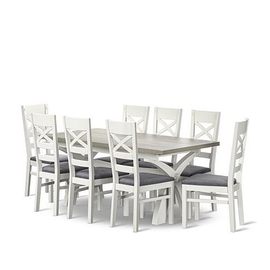 Brompton Dining Table + 8 Brompton Dining Chairs with Dappled Silver Fabric Pads