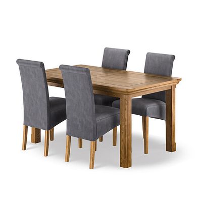 Canterbury Natural Oak Extending Dining Table + 4 Scroll Back Chairs in Dappled Silver Fabric