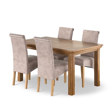Canterbury Natural Oak Extending Dining Table + 4 Scroll Back Chairs in Heritage Mink Velvet with Oak Legs