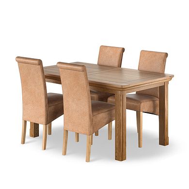 Canterbury Natural Oak Extending Dining Table + 4 Scroll Back Chairs in Vintage Tan Leather Look Fabric with Oak Legs