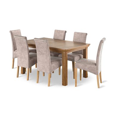 Canterbury Natural Oak Extending Dining Table + 6 Scroll Back Chairs in Heritage Mink Velvet with Oak Legs