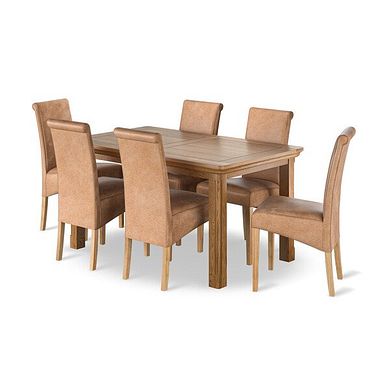 Canterbury Natural Oak Extending Dining Table + 6 Scroll Back Chairs in Vintage Tan Leather Look Fabric with Oak Legs