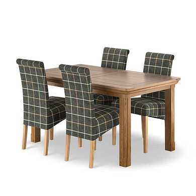 Canterbury Natural Oak Extending Dining Table + 4 Scroll Back Chairs in Checked Slate with Oak Legs