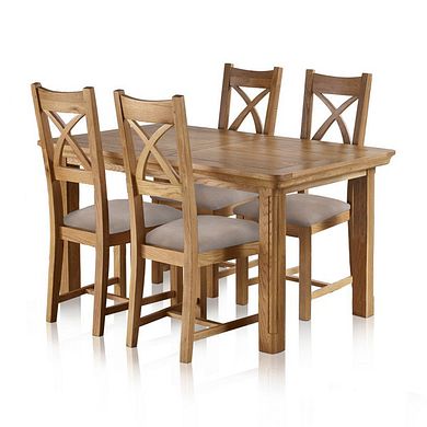 Canterbury Natural Solid Oak Extending Table and 4 Cross Back Chairs with Dappled Beige Seats