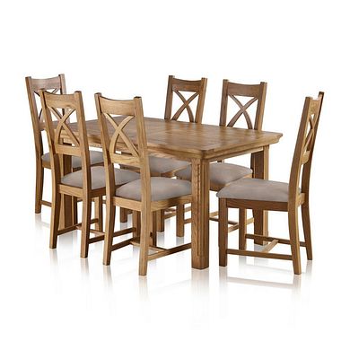 Canterbury Natural Solid Oak Extending Table and 6 Cross Back Chairs with Dappled Beige Seats