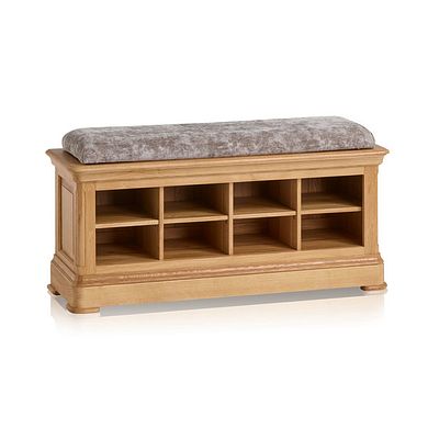 Canterbury Natural Solid Oak Shoe Storage with Plain Truffle Fabric Hallway Pad