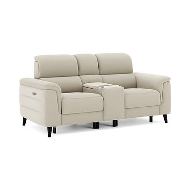 Cassius 2 Seater Power Recliner Console Sofa with Smart Screen and Speakers in Bella Barley White Fabric