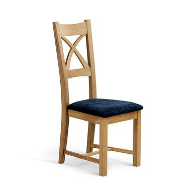 Cross Back Natural Solid Oak Chair with Brooklyn Hummingbird Blue Crushed Chenille Seat