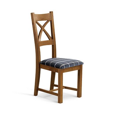 Cross Back Rustic Solid Oak Chair with Checked Slate Grey Fabric Seat