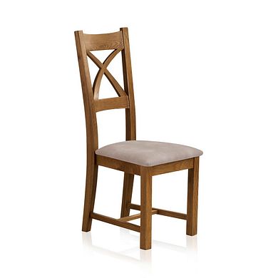 Cross Back Rustic Solid Oak Chair with Dappled Beige Fabric Seat