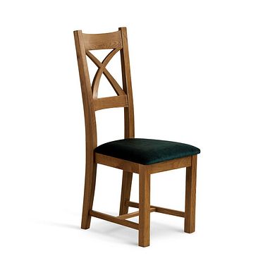 Cross Back Rustic Solid Oak Chair with Heritage Bottle Green Velvet Seat