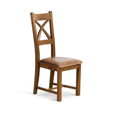 Cross Back Rustic Solid Oak Chair with Vintage Tan Leather Look Fabric Seat