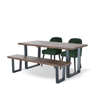 Detroit Hardwood and Metal Dining Table + 2 Bette Chairs in Bottle Green Velvet with 1 Detroit Bench