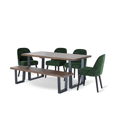 Detroit Hardwood and Metal Dining Table with 1 Large Detroit Bench and 4 Bette Chairs with Black Legs in Heritage Bottle Green Velvet