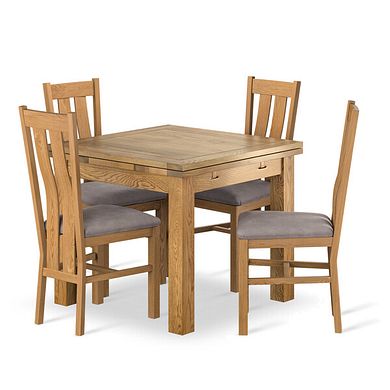 Dorset 3ft x 3ft Natural Oak Extending Dining Table + 4 Arched Back Natural Solid Oak Chair with Dappled Beige Fabric Seat