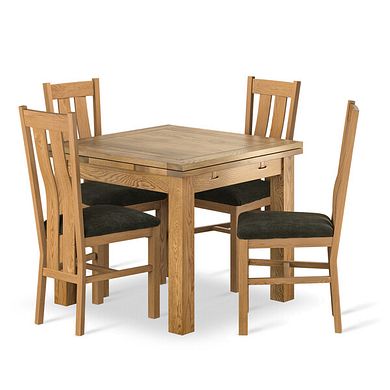 Dorset 3ft x 3ft Natural Oak Extending Dining Table + 4 Arched Back Natural Solid Oak Chair with Verona Green Fabric Seat