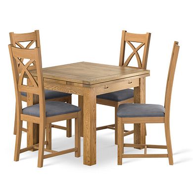 Dorset 3ft x 3ft Natural Oak Extending Dining Table + 4 Cross Back Natural Solid Oak Chair with Dappled Silver Fabric Seat