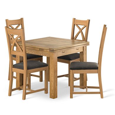 Dorset 3ft x 3ft Natural Oak Extending Dining Table + 4 Cross Back Natural Solid Oak Chair with Verona Chocolate Fabric Seat