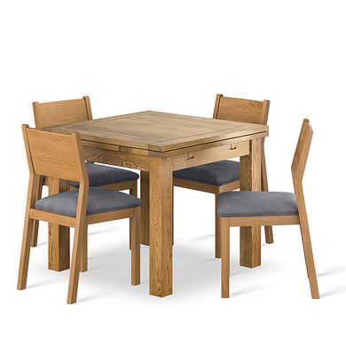 Dorset 3ft x 3ft Natural Oak Extending Dining Table + 4 Ellison Oak Chair with Dappled Silver Fabric Seat