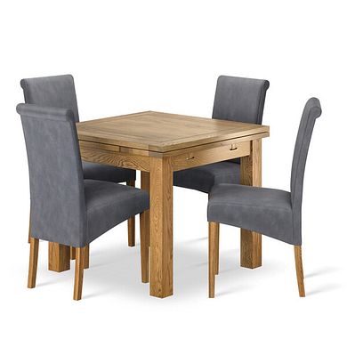 Dorset 3ft x 3ft Natural Oak Extending Dining Table + 4 Scroll Back Chair in Dappled Silver Fabric with Solid Oak Legs