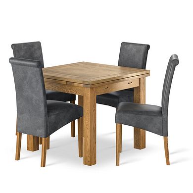 Dorset 3ft x 3ft Natural Oak Extending Dining Table + 4 Scroll Back Chair in Vintage Black Leather Look Fabric with Oak Legs