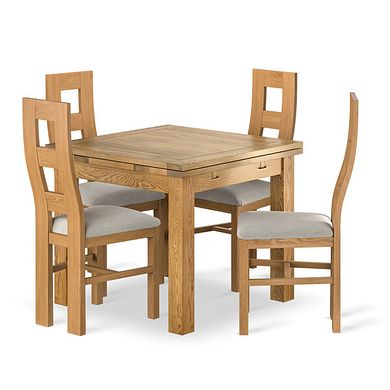 Dorset 3ft x 3ft Natural Oak Extending Dining Table + 4 Wave Back Natural Solid Oak Chair with Verona Cream Fabric Seat