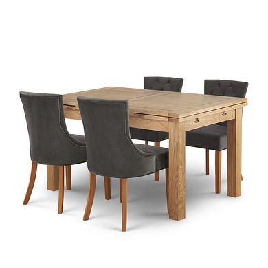 Dorset 4ft 7" x 3ft Natural Oak Extending Dining Table + 4 Isobel Button Back Chair in Storm Grey Velvet with Natural Oak Legs