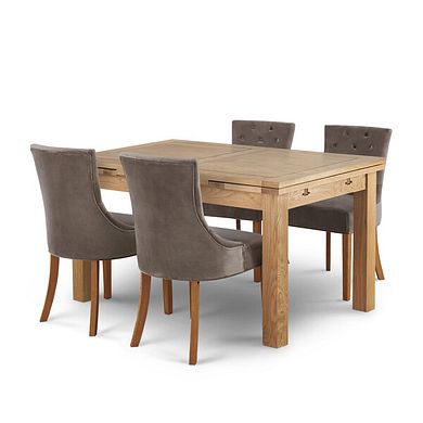 Dorset 4ft 7" x 3ft Natural Oak Extending Dining Table + 4 Isobel Button Back Chair in Taupe Velvet with Natural Oak Legs