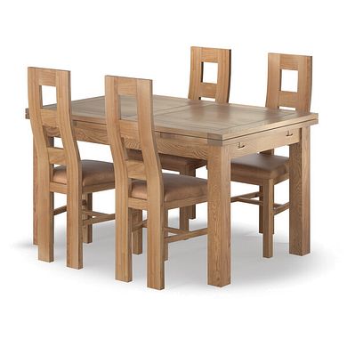 Dorset Natural Oak Extending Dining Table + 4 Wave Back Oak Chairs with Vintage Tan Leather Look
