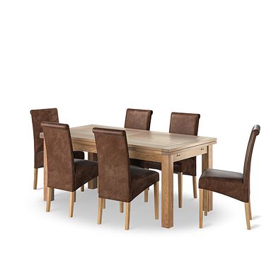 Dorset 6ft Natural Oak Extending Dining Table + 6 Scroll Back Chairs in Vintage Brown Leather Look Fabric with Oak Legs