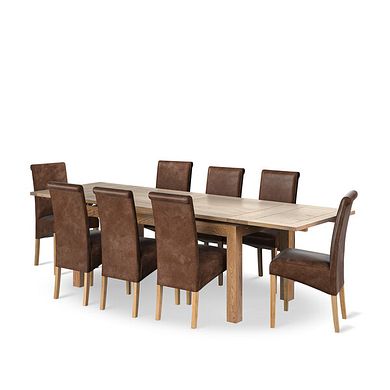 Dorset 6ft Natural Oak Extending Dining Table + 8 Scroll Back Chairs in Vintage Brown Leather Look Fabric with Oak Legs
