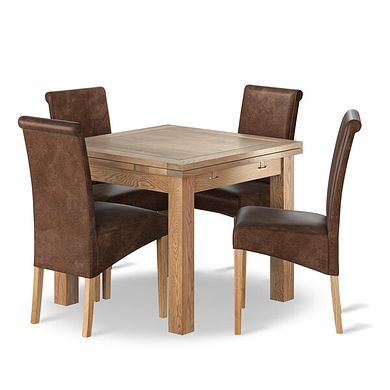 Dorset Natural Oak 3ft Extending Dining Table + 4 Scroll Back Chairs in Vintage Brown Leather Look Fabric with Oak Legs