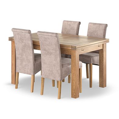 Dorset Natural Oak 4ft 7" Extending Dining Table + 4 Scroll Back Chairs in Heritage Mink Velvet with Oak Legs