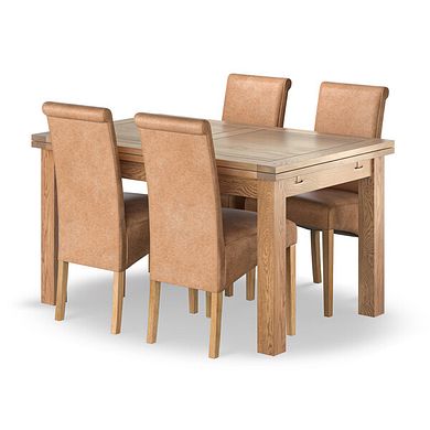 Dorset Natural Oak 4ft 7" Extending Dining Table + 4 Scroll Back Chairs in Vintage Tan Leather Look Fabric with Oak Legs