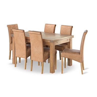 Dorset Natural Oak 4ft 7" Extending Dining Table + 6 Scroll Back Chairs in Vintage Tan Leather Look Fabric with Oak Legs