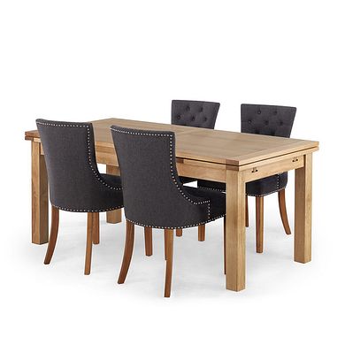 Dorset Natural Solid Oak 6ft Extending Table and 4 Vivien Button Back Chairs in Grey Fabric