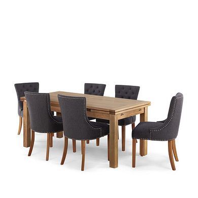 Dorset Natural Solid Oak 6ft Extending Table and 6 Vivien Button Back Chairs in Grey Fabric