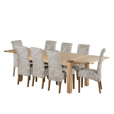 Dorset Natural Solid Oak 6ft Extending Table and 8 Scroll Back Plain Truffle Fabric Chairs