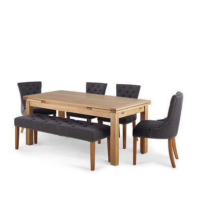 Dorset Natural Solid Oak 6ft Extending Table with 1 Vivien Bench and 4 Vivien Chairs in Grey Fabric